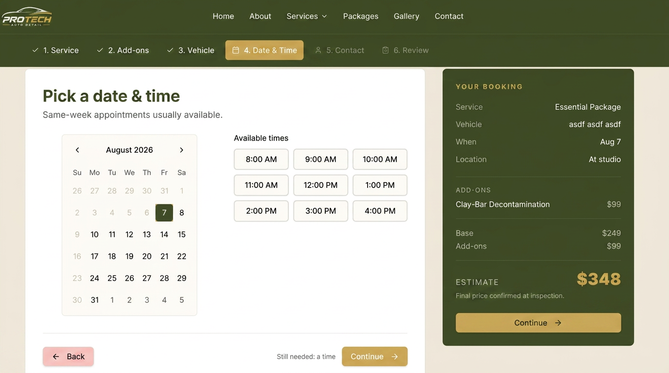 Online booking page where customers select services, dates, and times