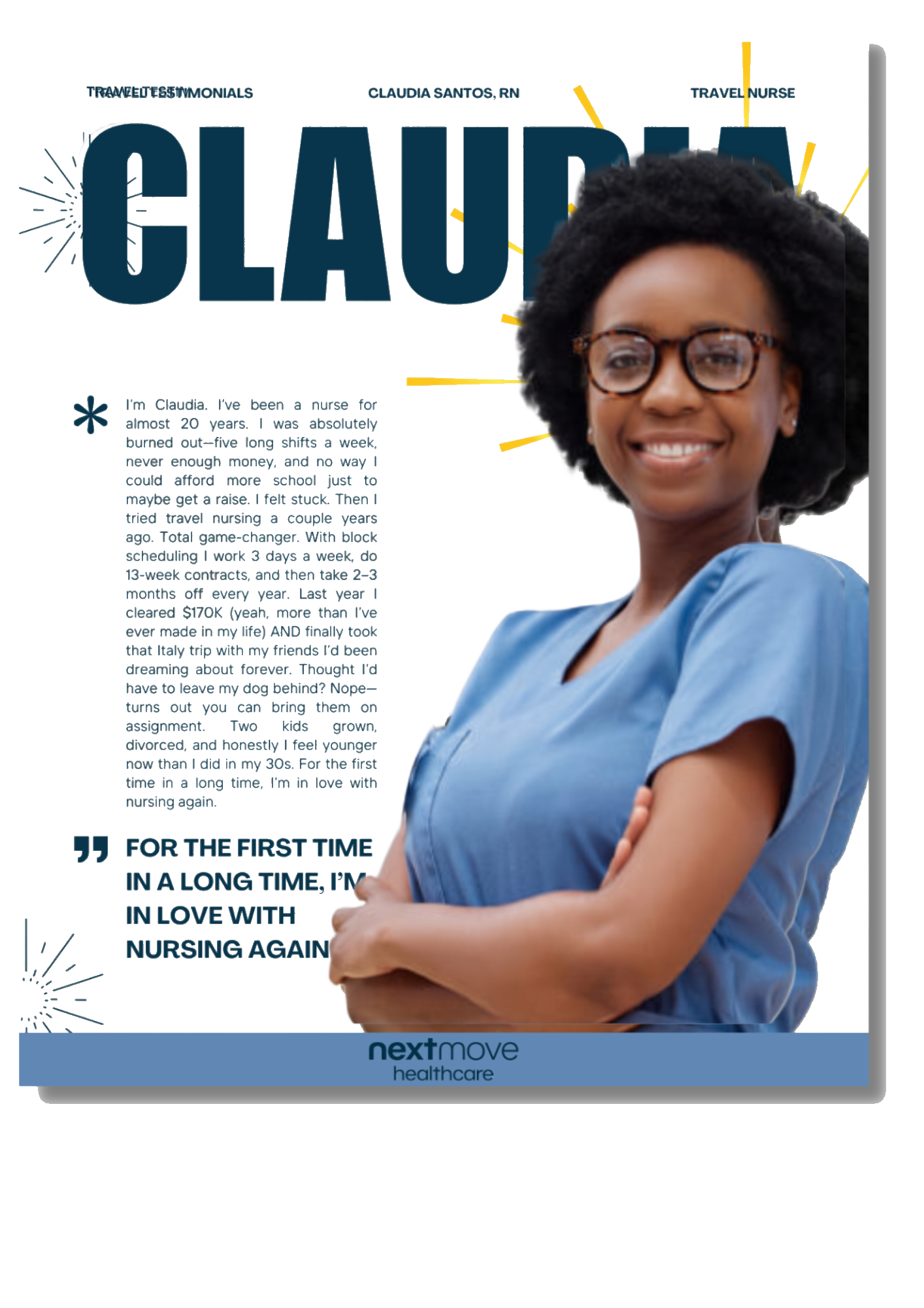 NextMove Healthcare email testimonial cover featuring Claudia Santos, RN